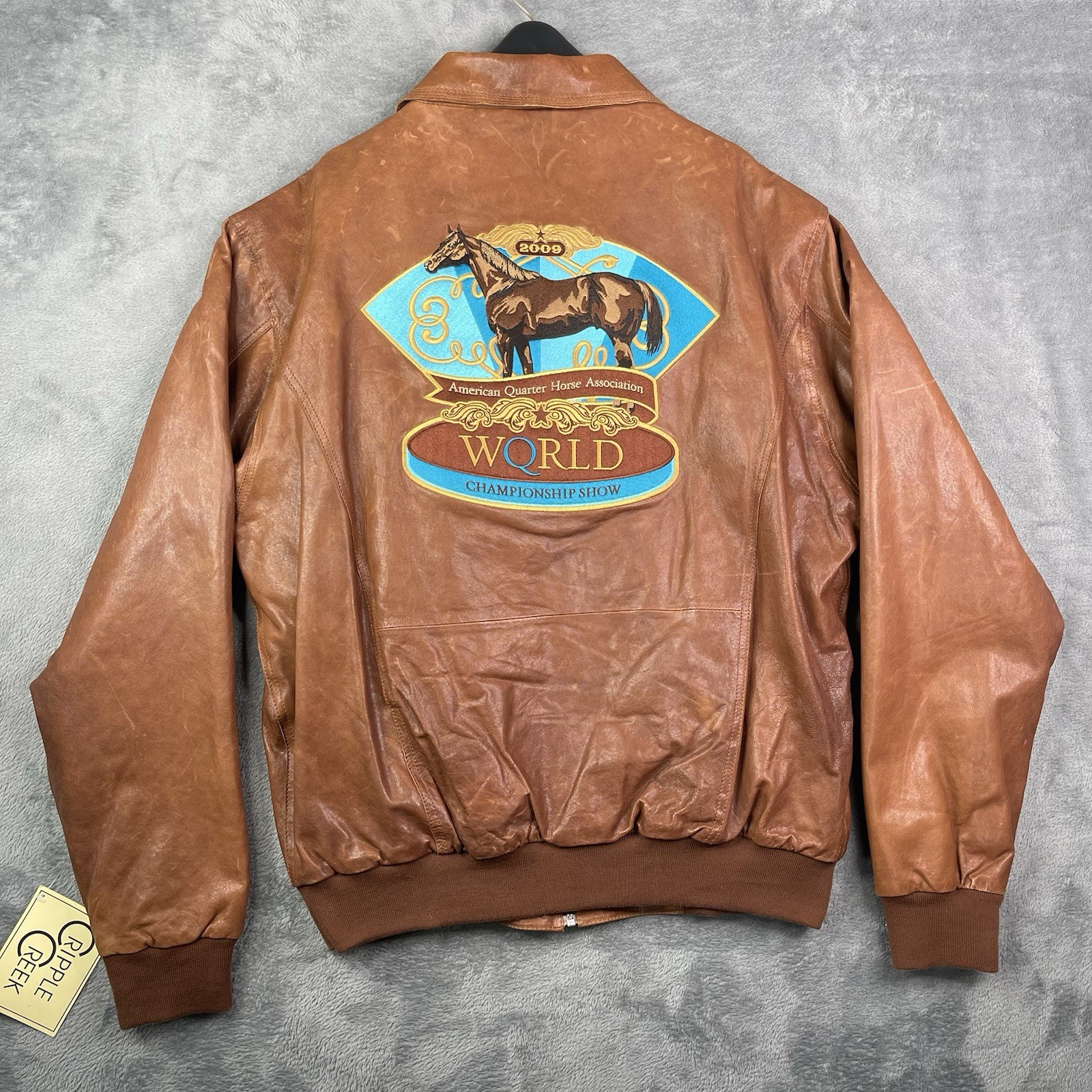 Vintage Quarter Horse Jacket Men XL Leather Brown AQHA Champ Equestrian Western