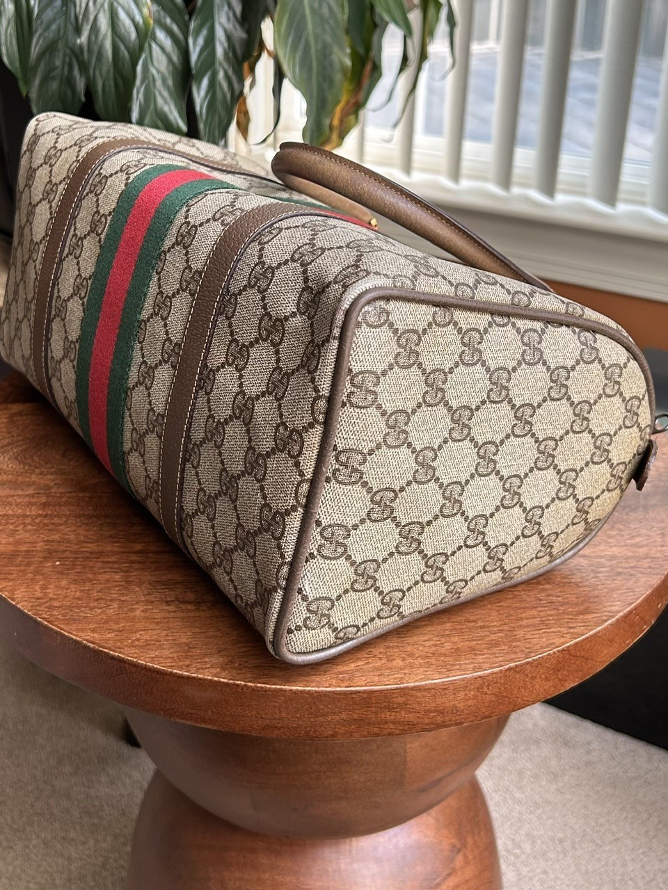 GUCCI GG Supreme Monogram Sherry Web Boston Bag, Tan