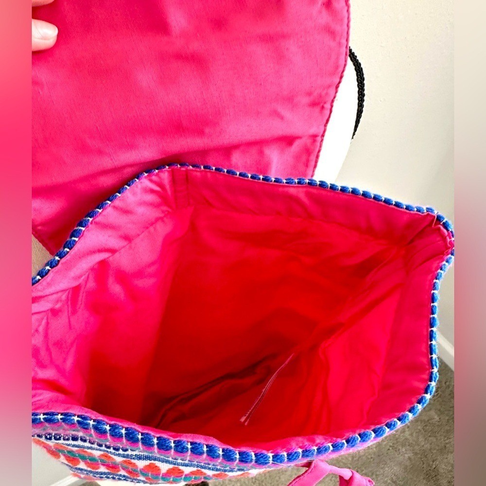 NEW Accessorize Hot Pink Embroidered Boho Woven Backpack Beaded Tassel
