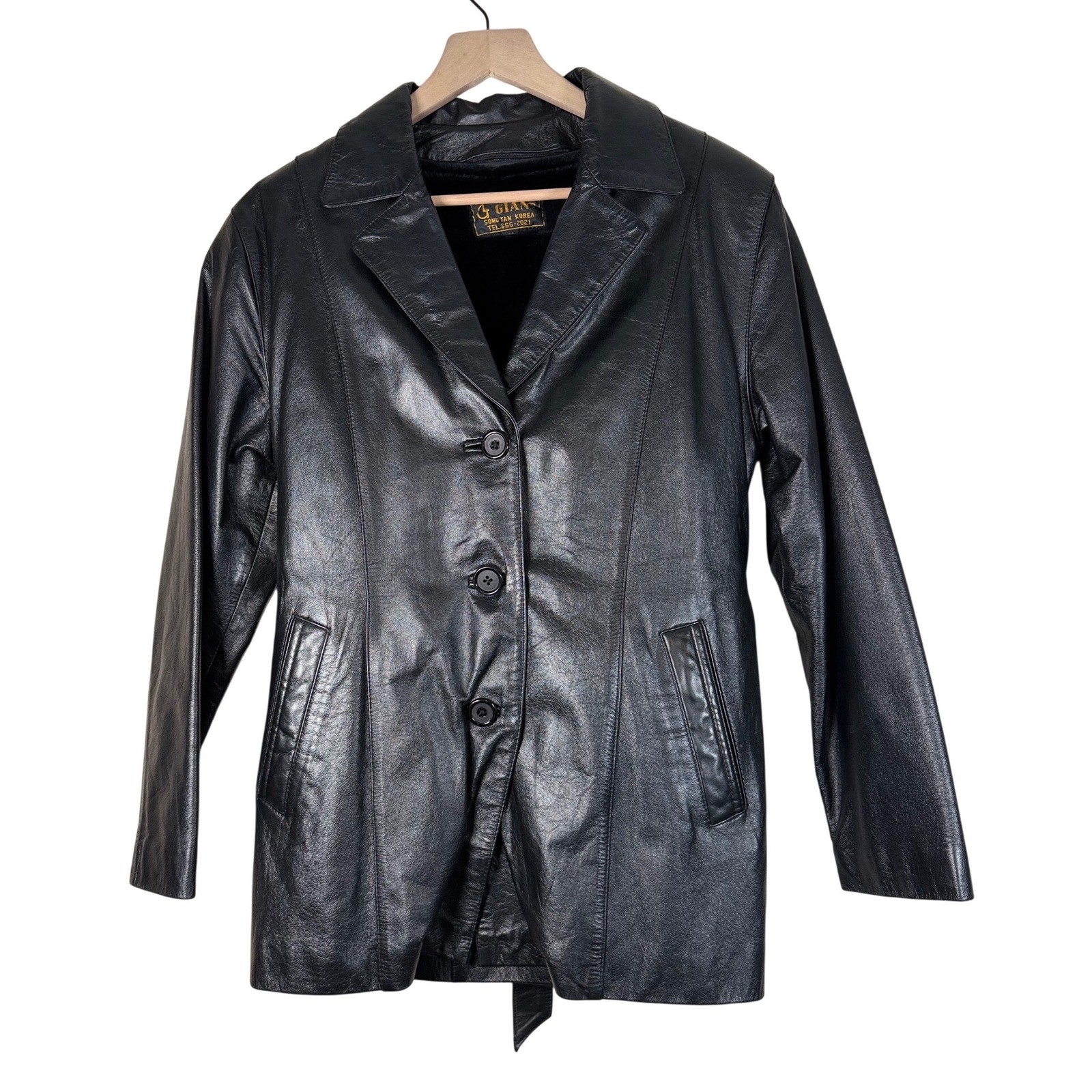 GIANT Black Leather Jacket Belted Collar Button Front Size M