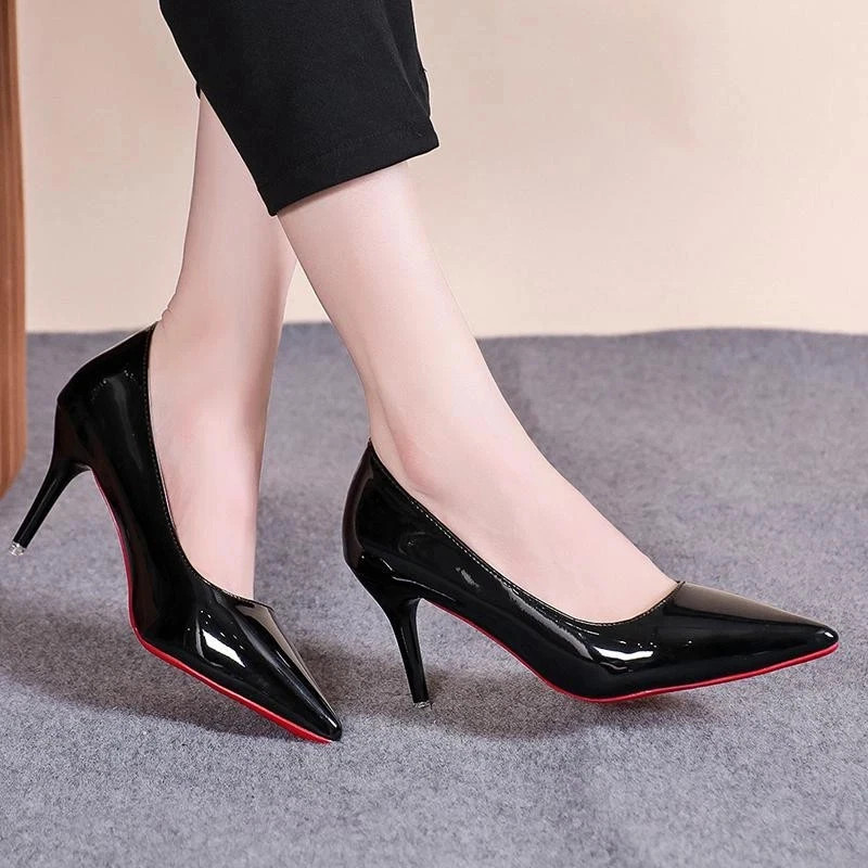 Sexy Pointed Toe Patent Leather High Heels Temperament Girl Red Sole Party Dress