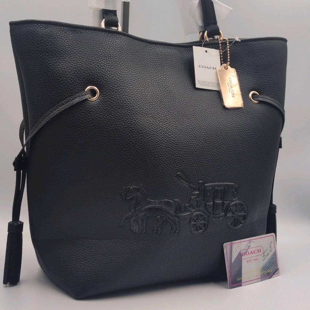 COACH Andy Tote Bag Embossed Carriage Logo Leather Black Shoulder Fringe COACH W