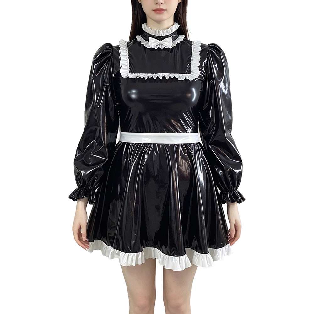 Lockable High Neck Ruffle Mini Dress with Waistband Shiny PVC Leather Dress