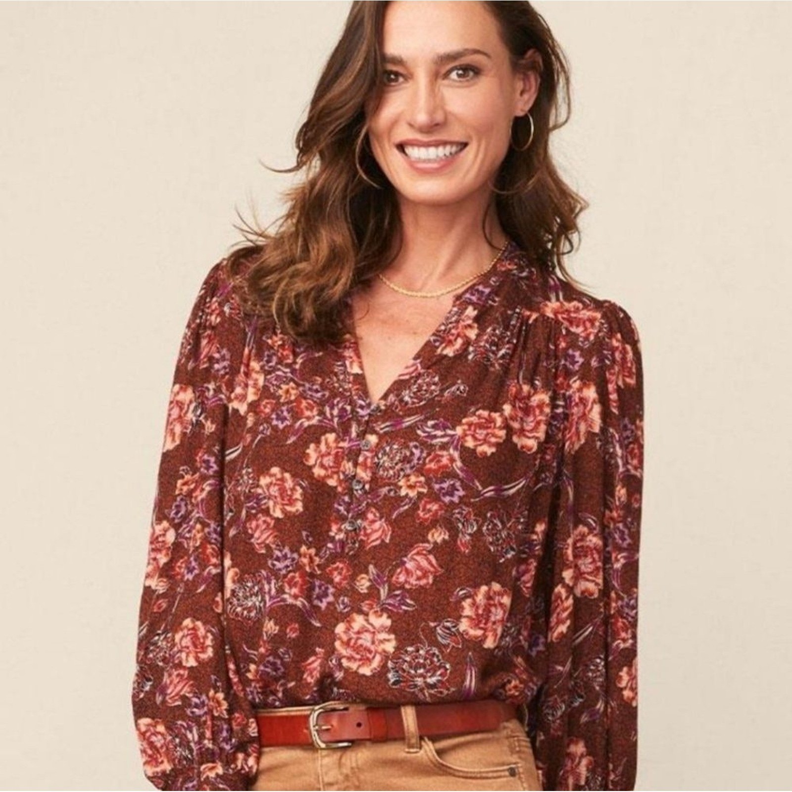 Matilda Jane Floral Blouse in Rich Brown Red Pink & Purple Size Medium