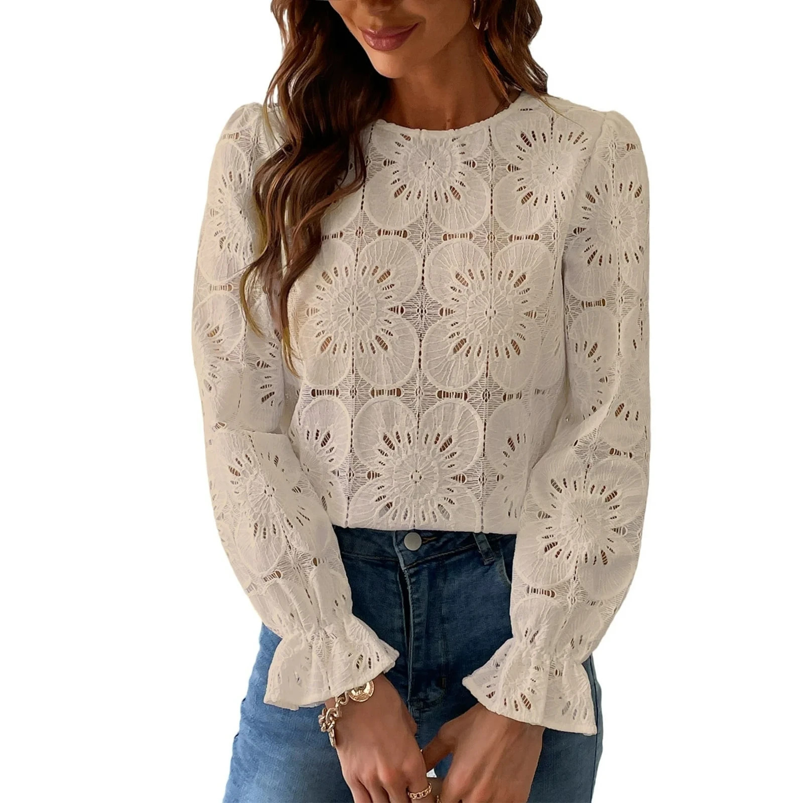 CUPSHE Eyelet Long Sleeve Top Hollow Out Crochet Lace Embroidered Blouse BEIGE L