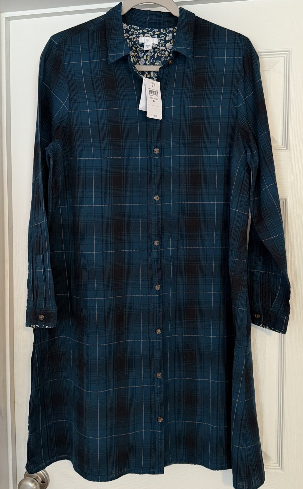 NWT J Jill Button Down Shirt Dress Teal Plaid Sz M Soft MSRP $109 Office Casual