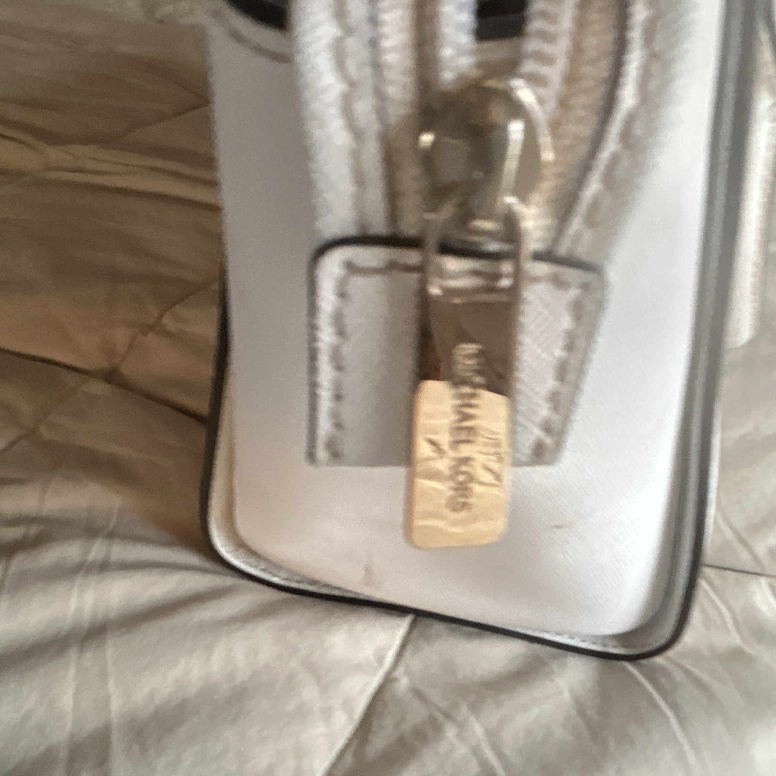 Michael Kors White Satchel Top Handle Bag, Gold Hardware, Logo, Charm, Pockets