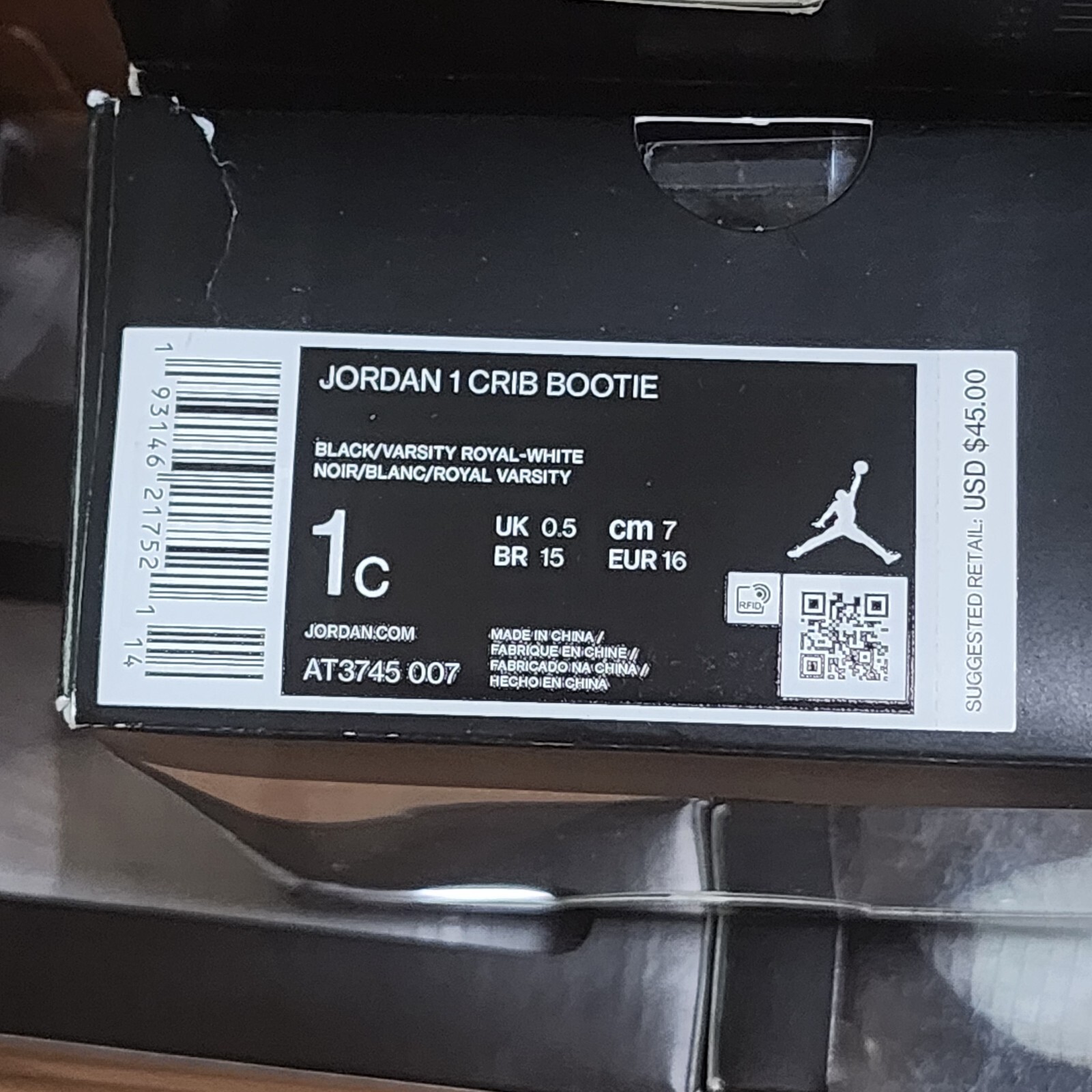 NEW Air Jordan 1 Crib Bootie Black Royal Varsity Blue White AT3745-007