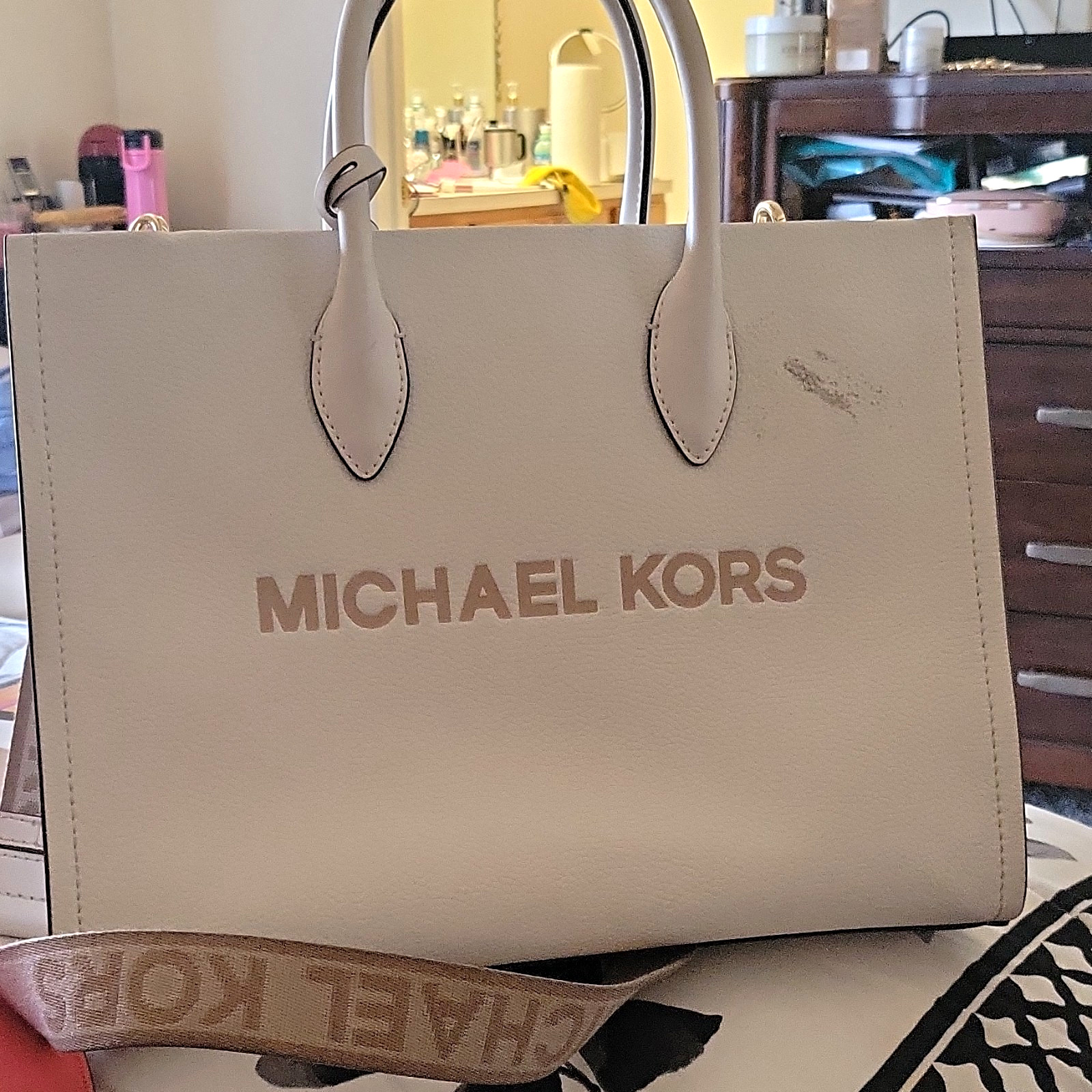Michael Kors Beige Logo Tote Handbag w/ Detachable Strap, Double Handles