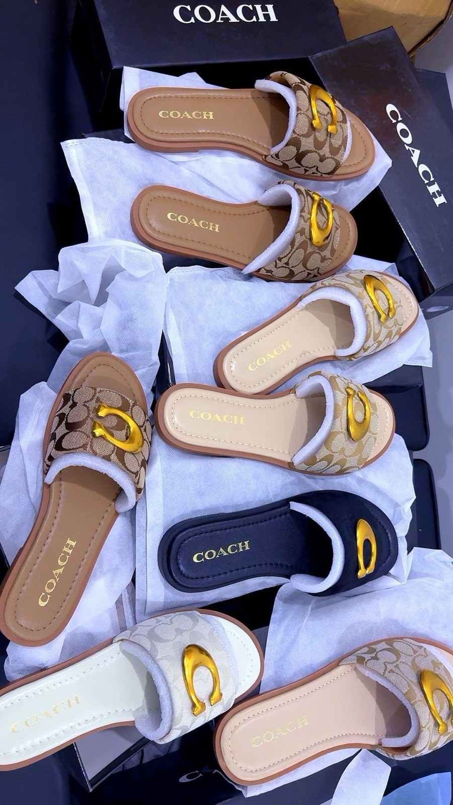 Coach Women’s Slide Sandals Signature Logo Beige Brown Gold Size 37,38,39,40,41