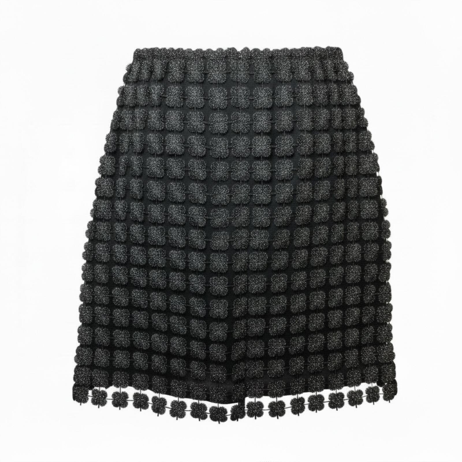 NWT SHE + SKY Black 3D Bubble Grid Knit Mini Skirt with Ball Trim – Size XS