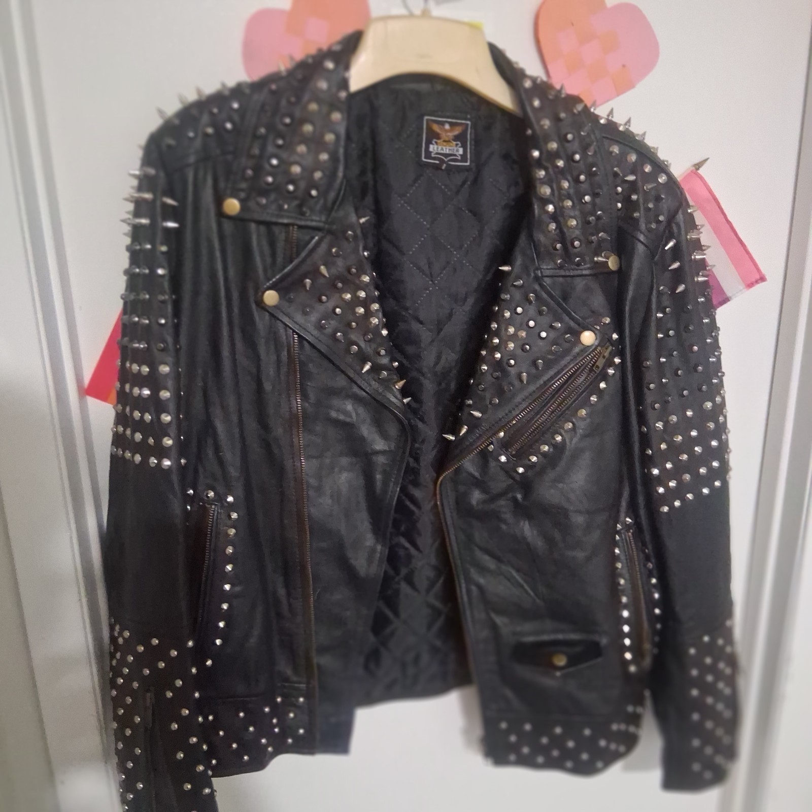 Large Genuine Leather Jacket with Studs and Spikes with Quilted Lining