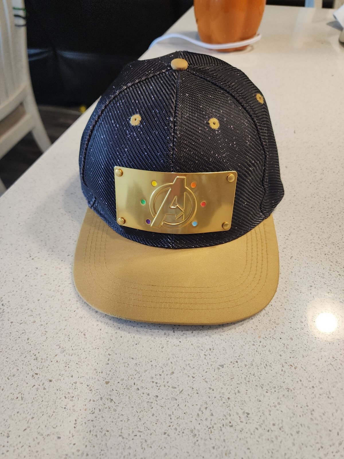 Marvel Avengers Infinity War Disney Store Hat Black Gold Plate Skull Form Fit