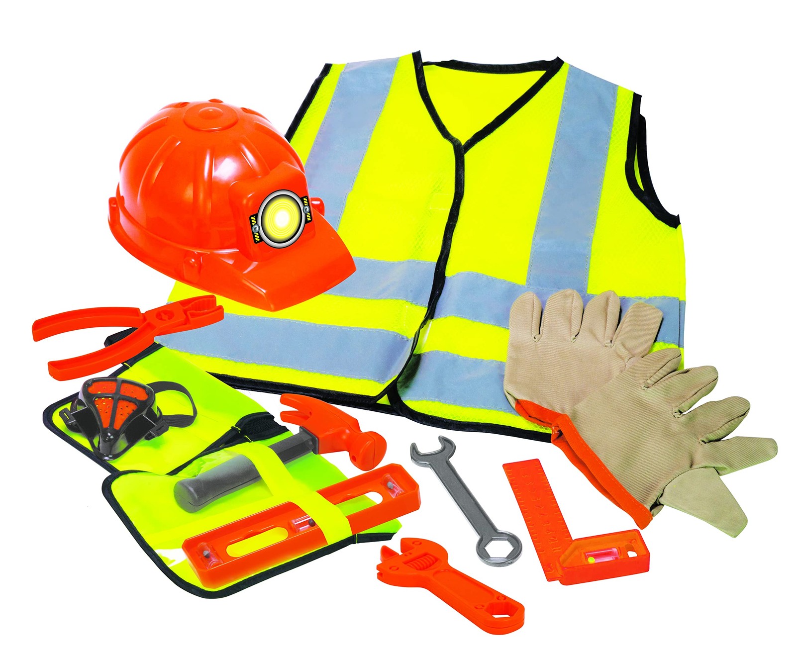 Construction Worker Roleplay Costume Set with Hat, Tools, Tool Belt, Gloves, …
