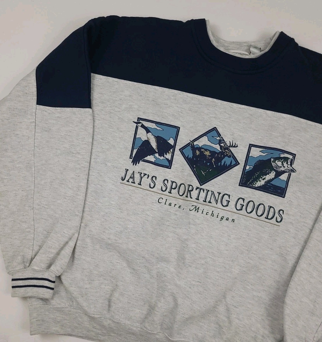 Vintage 90s Jays Sporting Goods Clare Michigan Print Sweatshirt Outdoor Nature