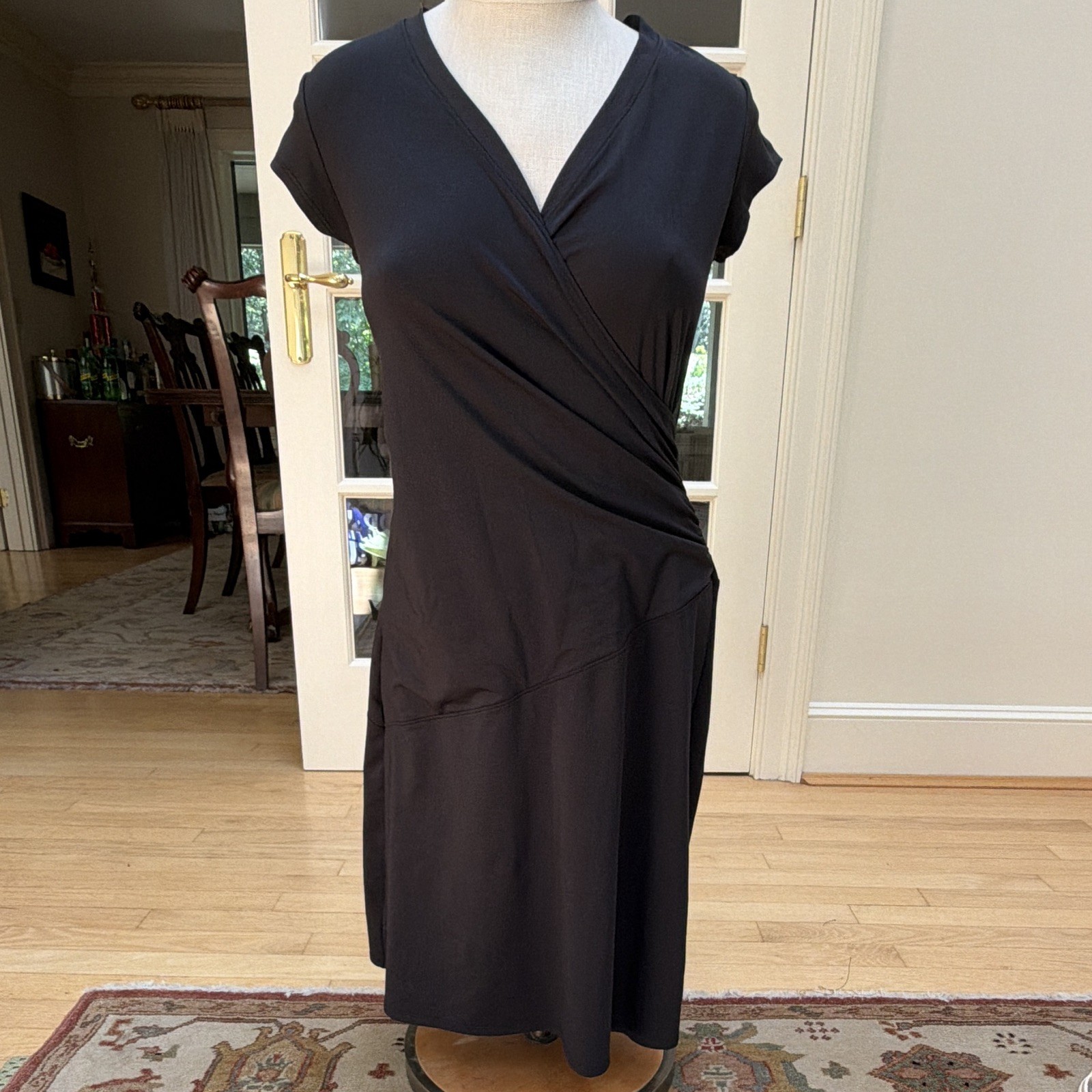 Athleta Nectar Dress Small Black Stretch Faux Wrap Cap Sleeve Athletic XS
