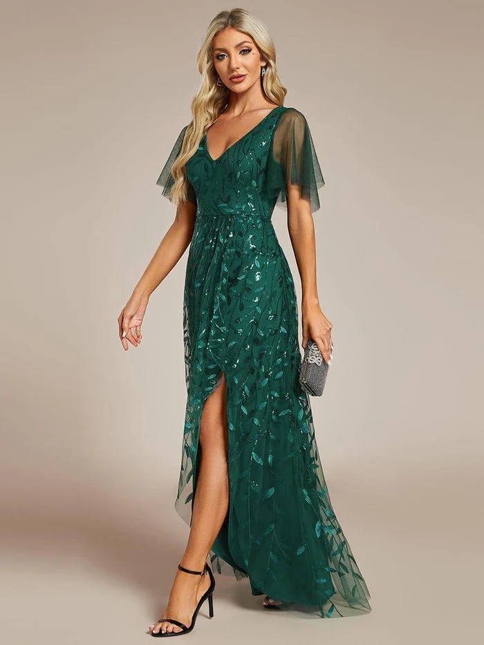 FAB GREEN SEQUIN EMBROIDERY DIP HEM EVENING PARTY OCCASION MAXI DRESS UK 12 14