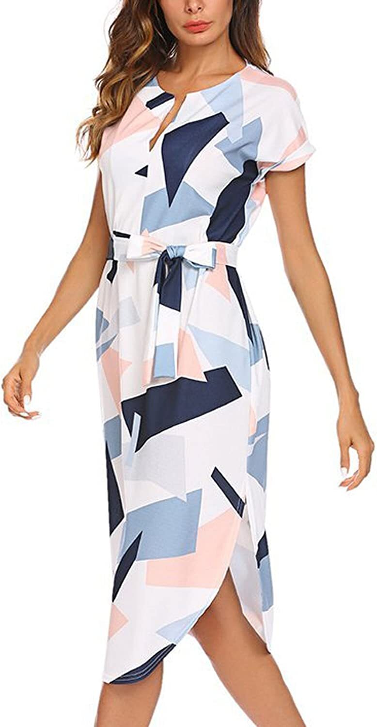 Women’s Casual Floral/Geometric Pattern Short Sleeve Spring-Summer Dress w/ Belt
