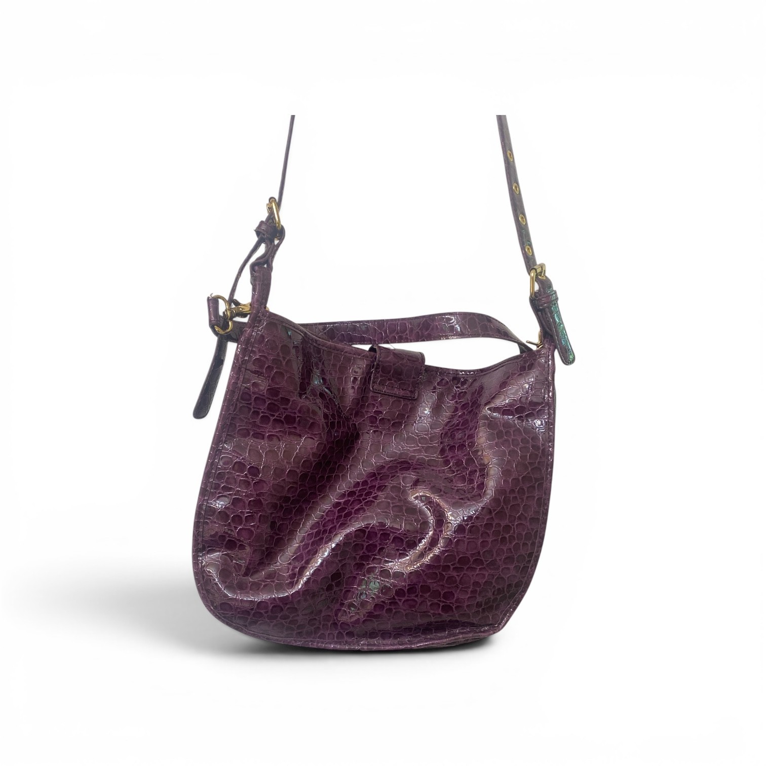 Gianni Bini Purple Croc Embossed Patent Leather Shoulder Bag Gold Hardware