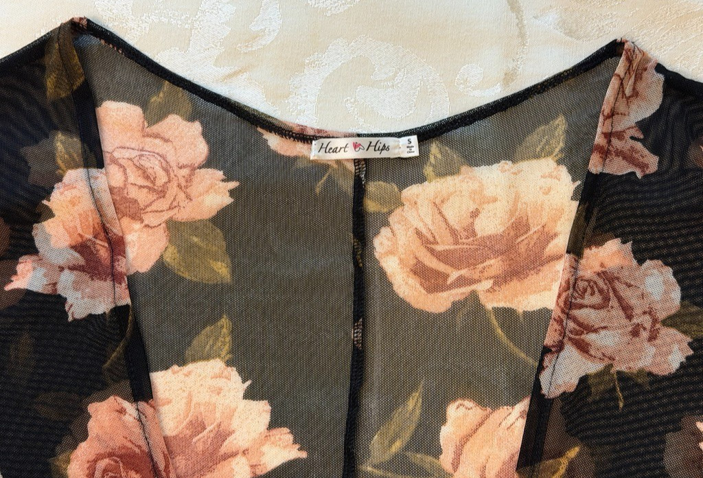 Heart Hips Floral Sheer Kimono Open Front Boho Black Pink Roses (Small)