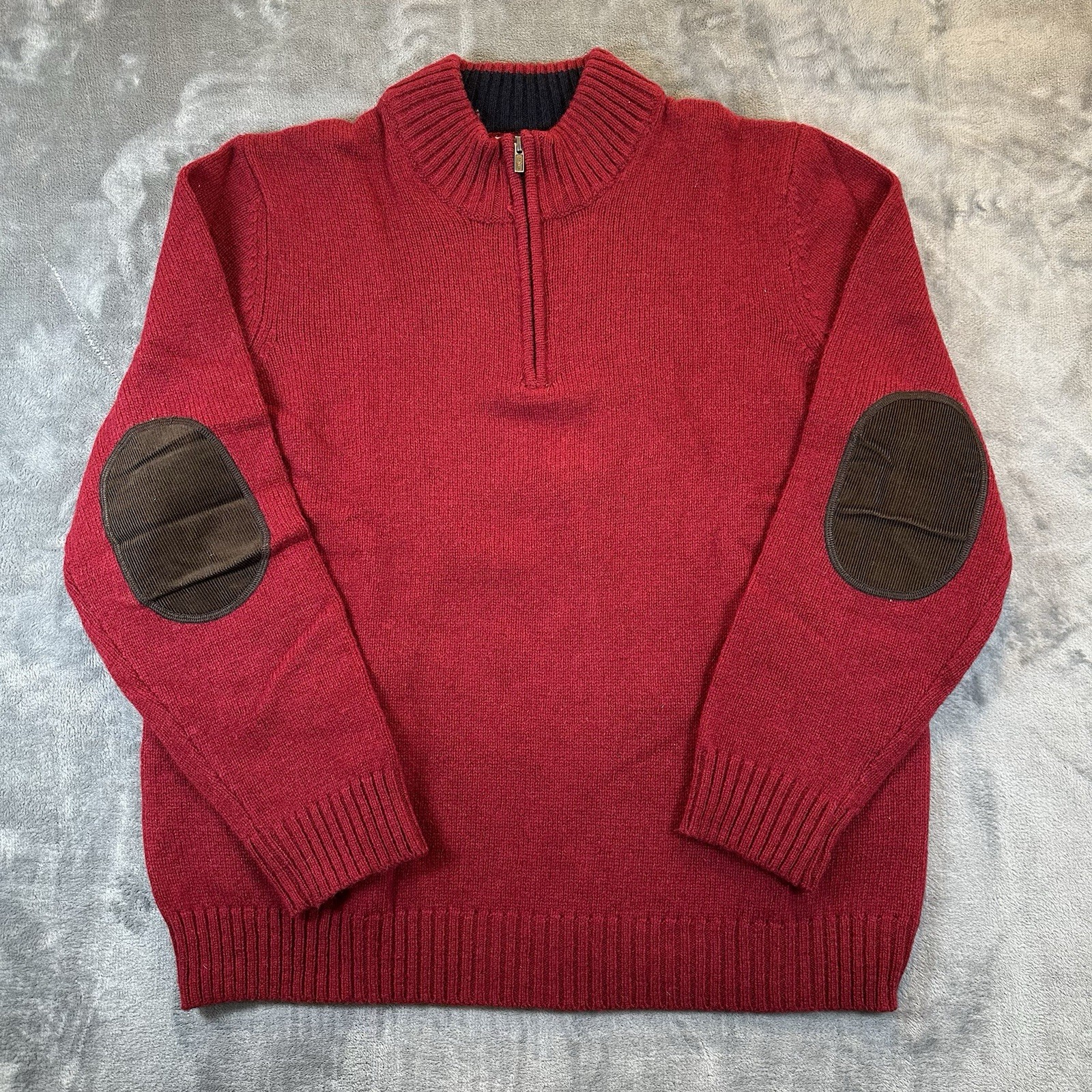 LL Bean Sweater Mens XL Red Wool Shetland Elbow Patches 1/4 Zip Pullover