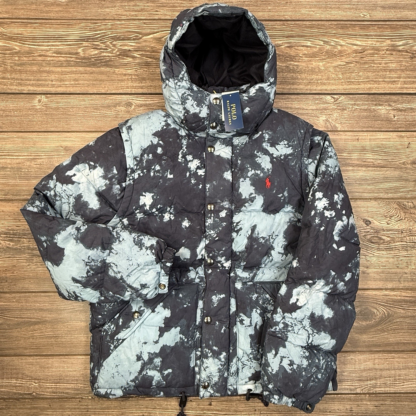 Polo Ralph Lauren Mens Convertible Tie-Dye Down Jacket Vest Hood Blue LARGE NEW