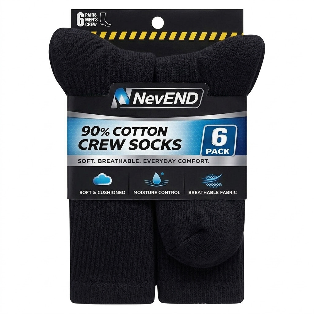 6 Pack Men’s Cotton Crew Socks Cushioned Breathable Work & Athletic Socks
