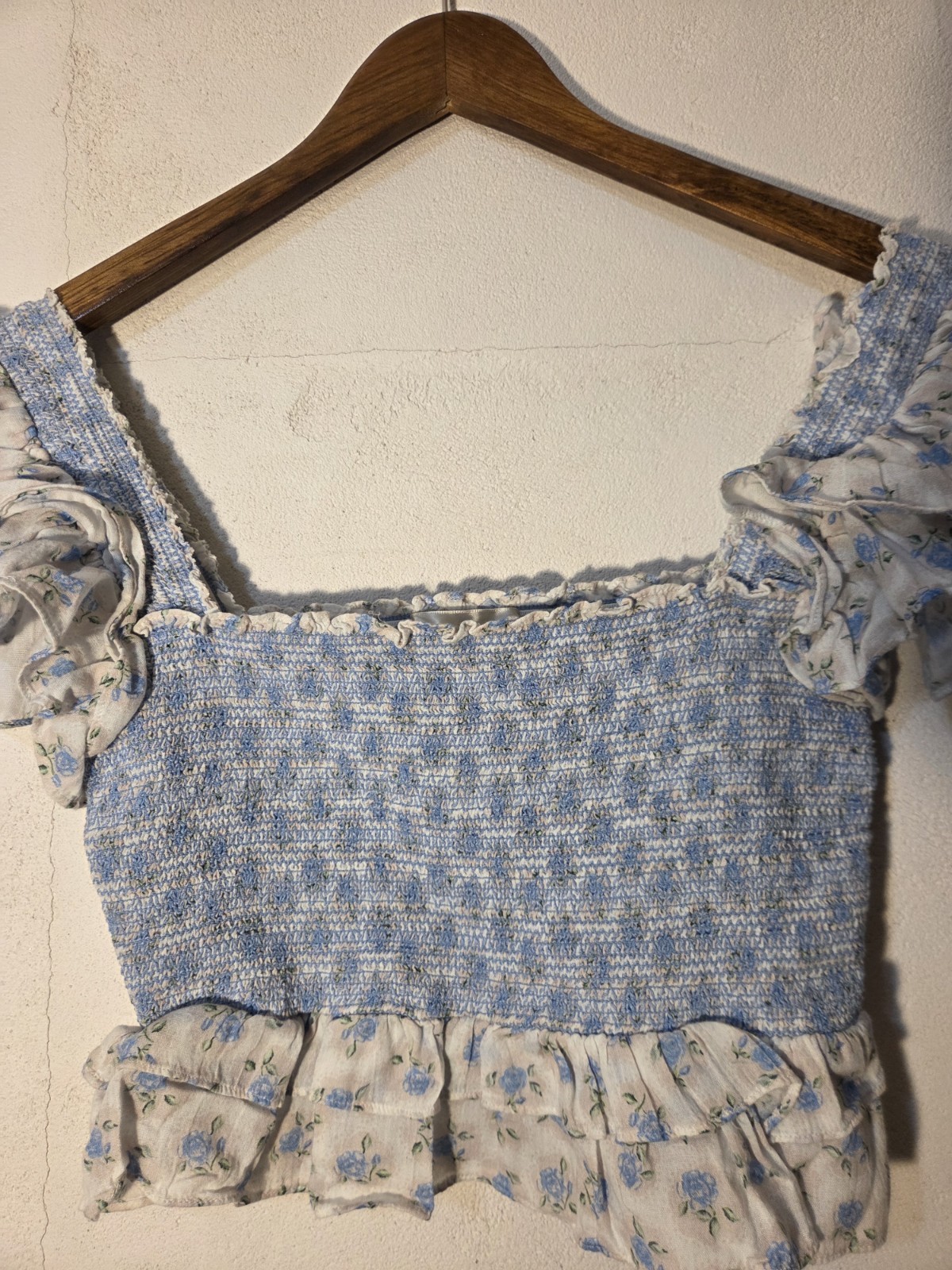 LoveShackFancy Blue Floral Smocked Crop Top Puff Sleeve Size S