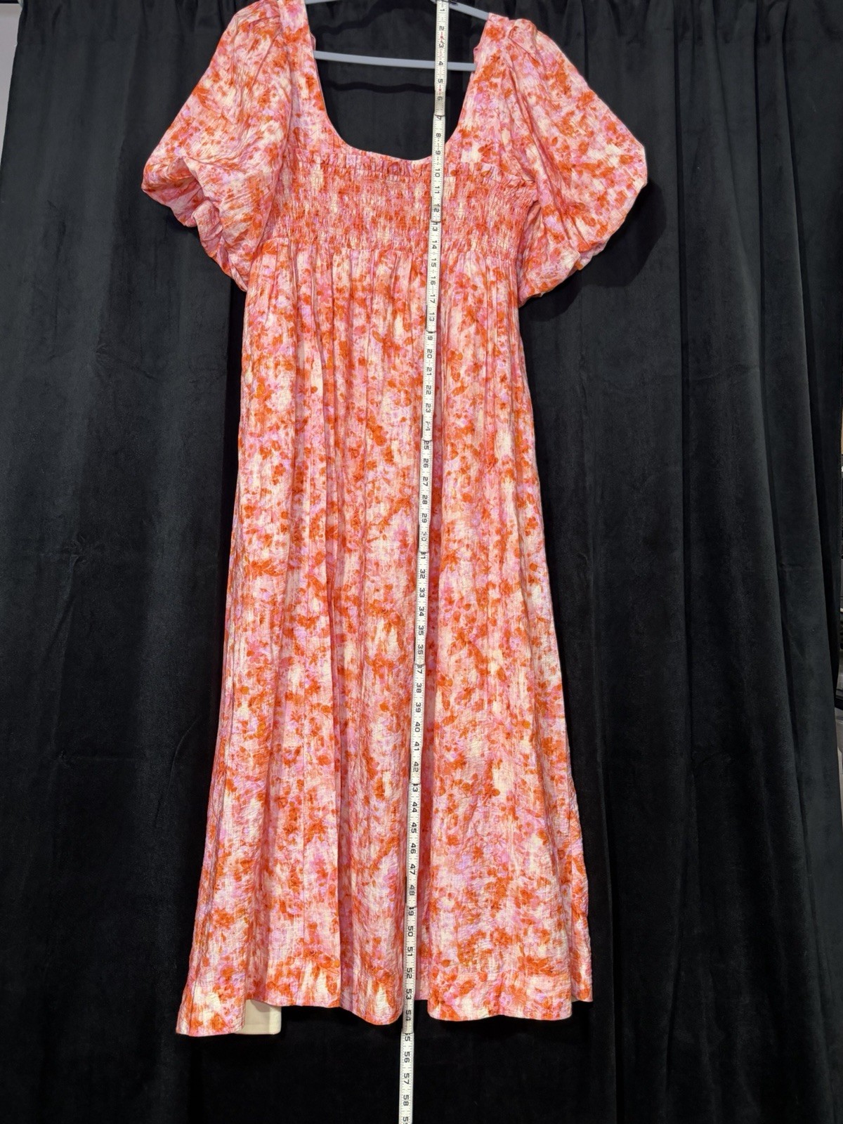 Anthropologie Orange Pink Floral Puff Sleeve Midi Dress Women’s Medium NWOT