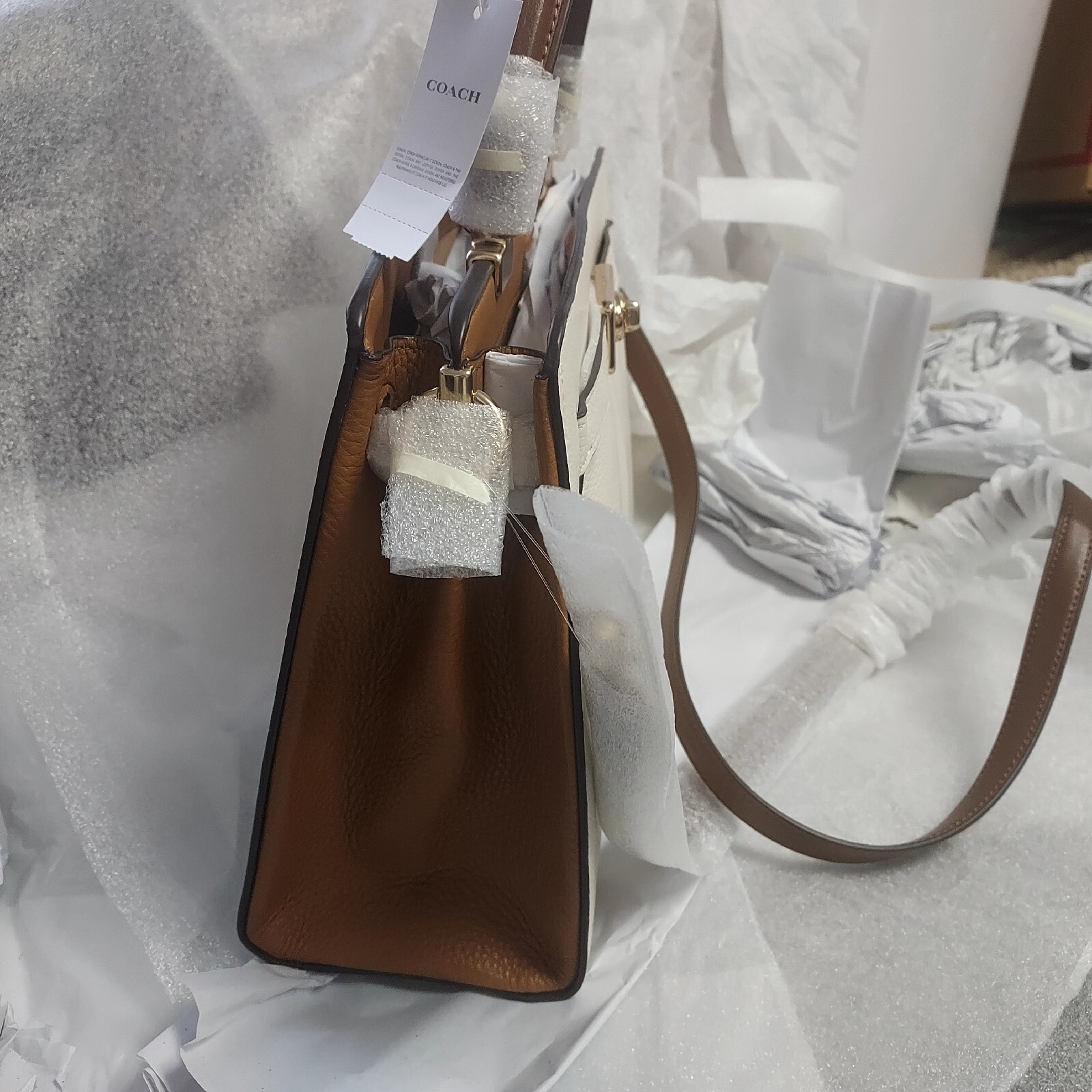 Coach Lane Carryall In Colorblock Chalk White and Tan Leather Shoulder Bag