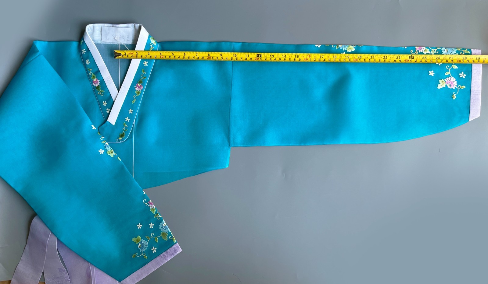 M Silk Traditional Korean Hanbok Set–Turquoise Blue Top/ Skirt with Floral Print
