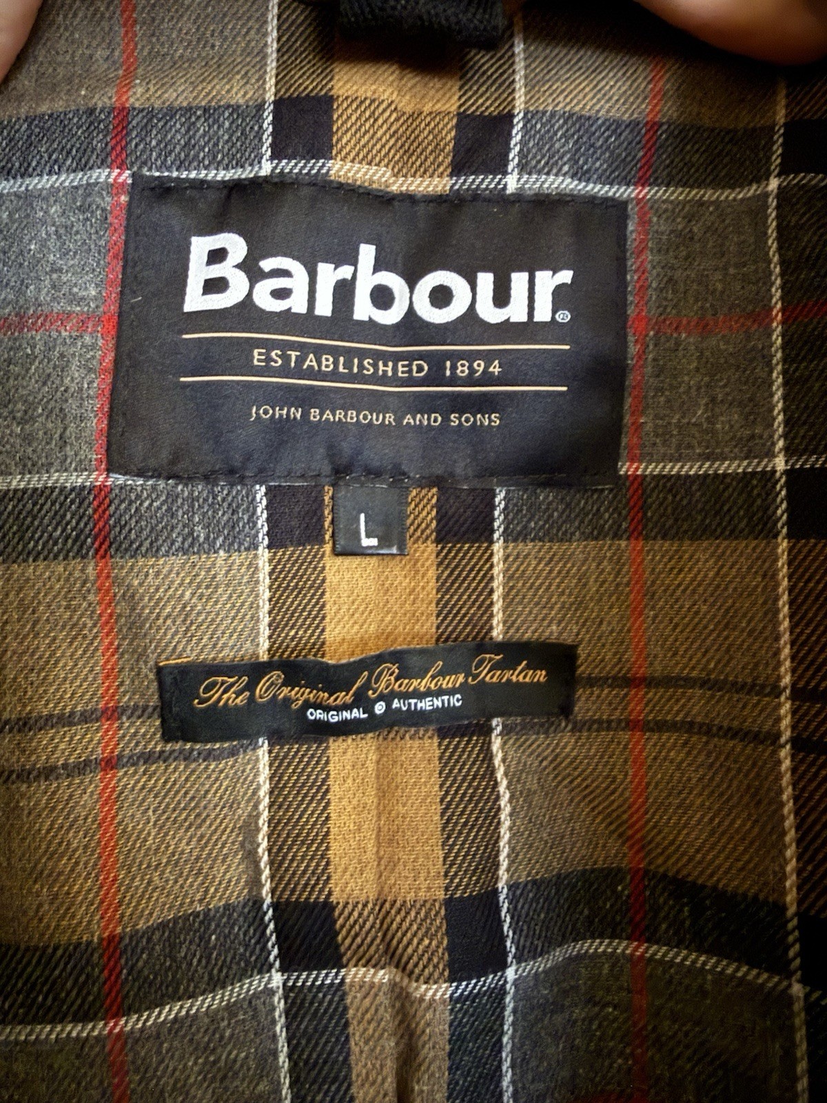 Barbour Men’s Black Wax Jacket Lined Tartan, Zip/Button Closure Size L