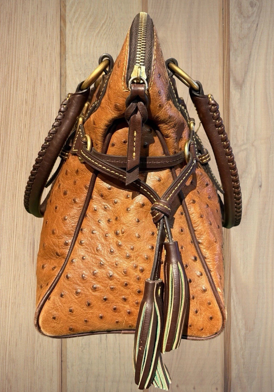 Dooney Bourke Chestnut Cognac Brown Ostrich Embossed Leather Large Satchel Bag