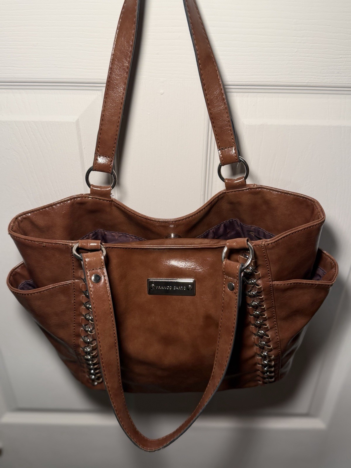 Franco Sarto Brown Shoulder Bag Silver Chain Accents Magnetic Closure Geometric
