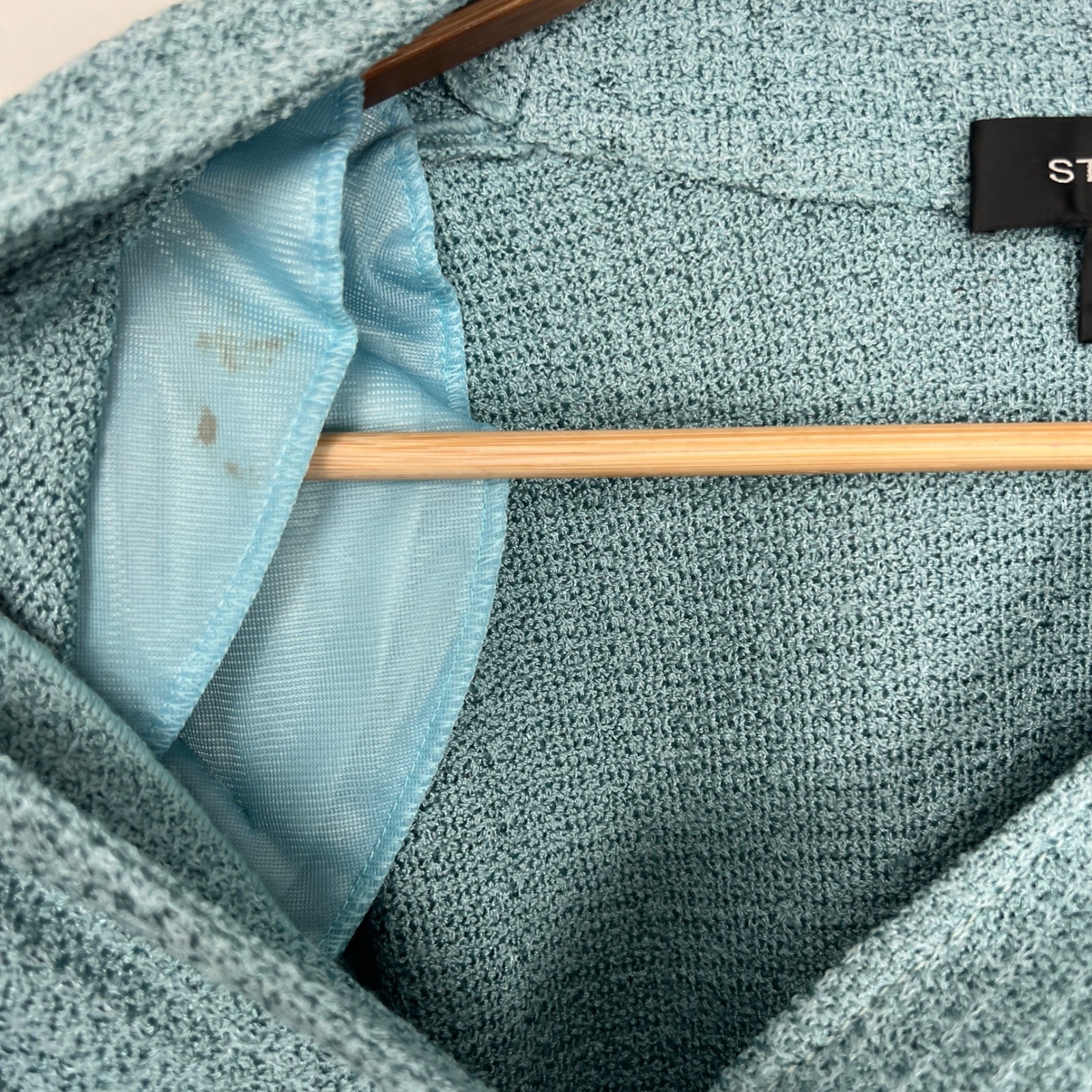 St. John Aqua Teal Blue Textured Knit Blazer Shell Jacket Size 14 USA V-Neck