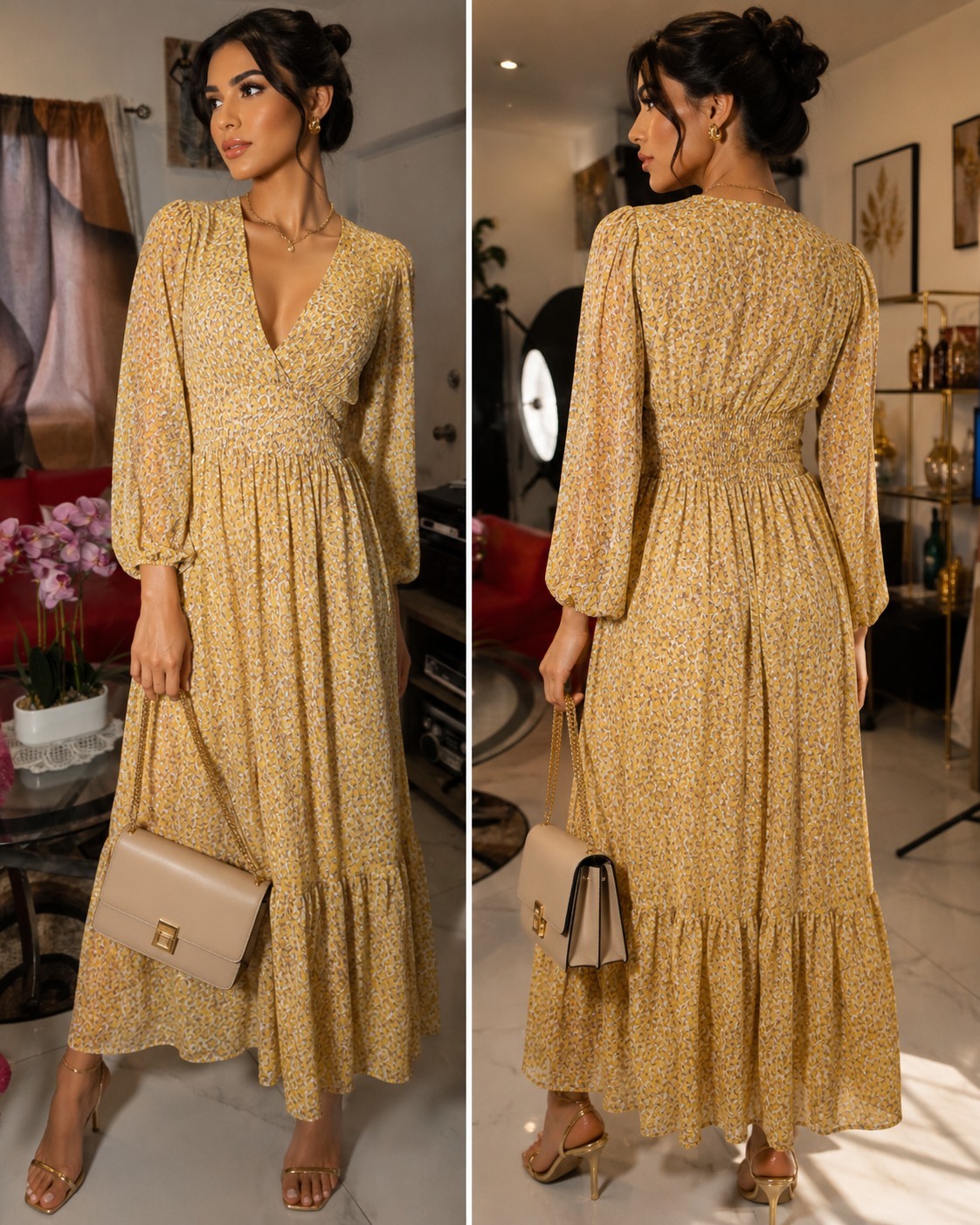 Doen S Yellow Purple White Floral V-Neck 3/4 Puff Sleeve Lined Maxi Dress