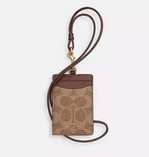 Coach Id Lanyard In Signature Canvas Signature Canvas Gold Tan Brown Brand New
