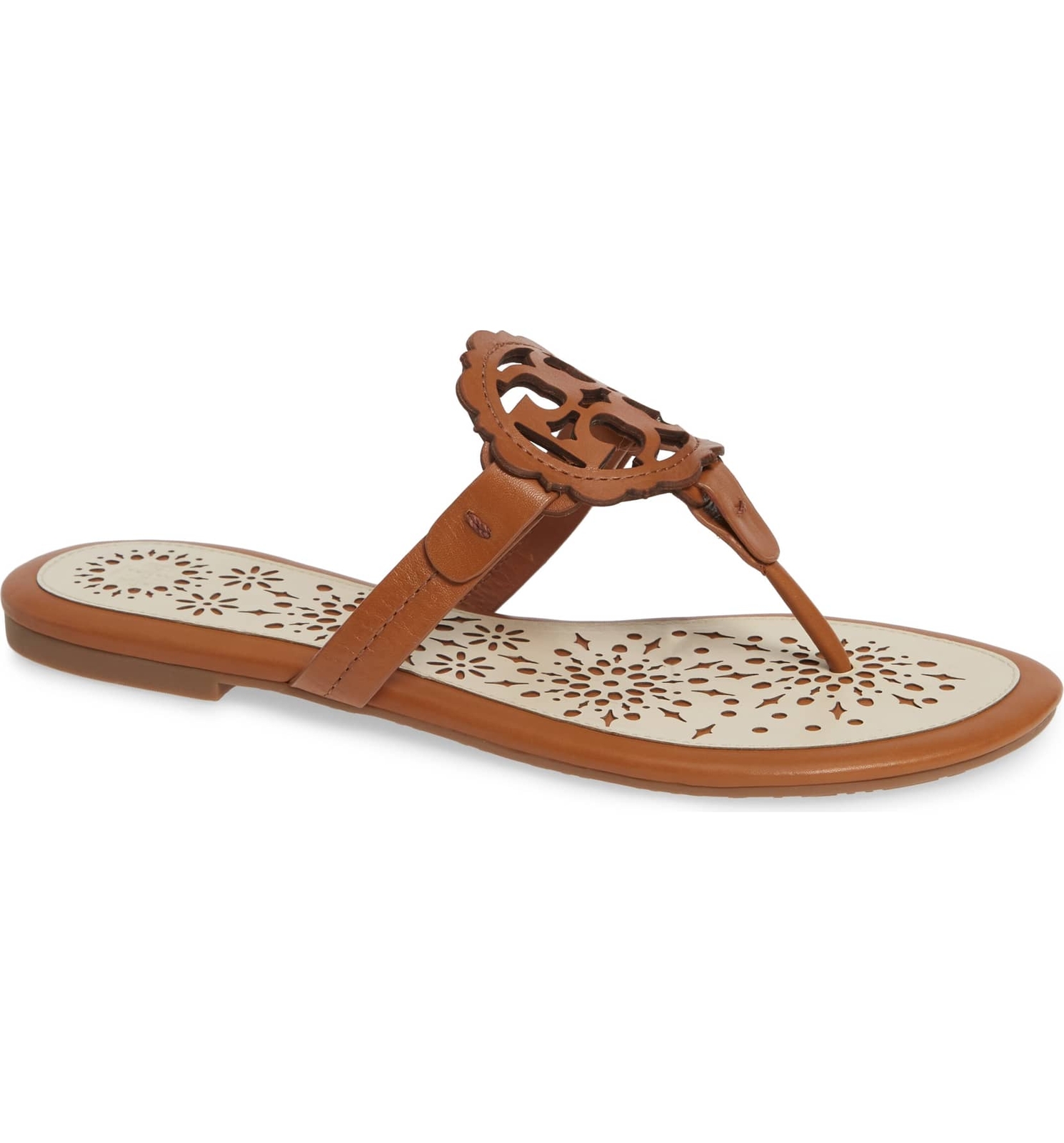 NIB Tory Burch Miller Leather Scallop Logo Flat Sandal Thong Tan/Cream $228