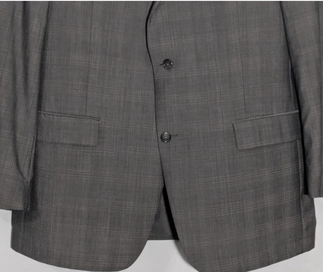 Hart Schaffner Marx Suit Mens 44L Gray Plaid 2 Button Wool Pleated Pants