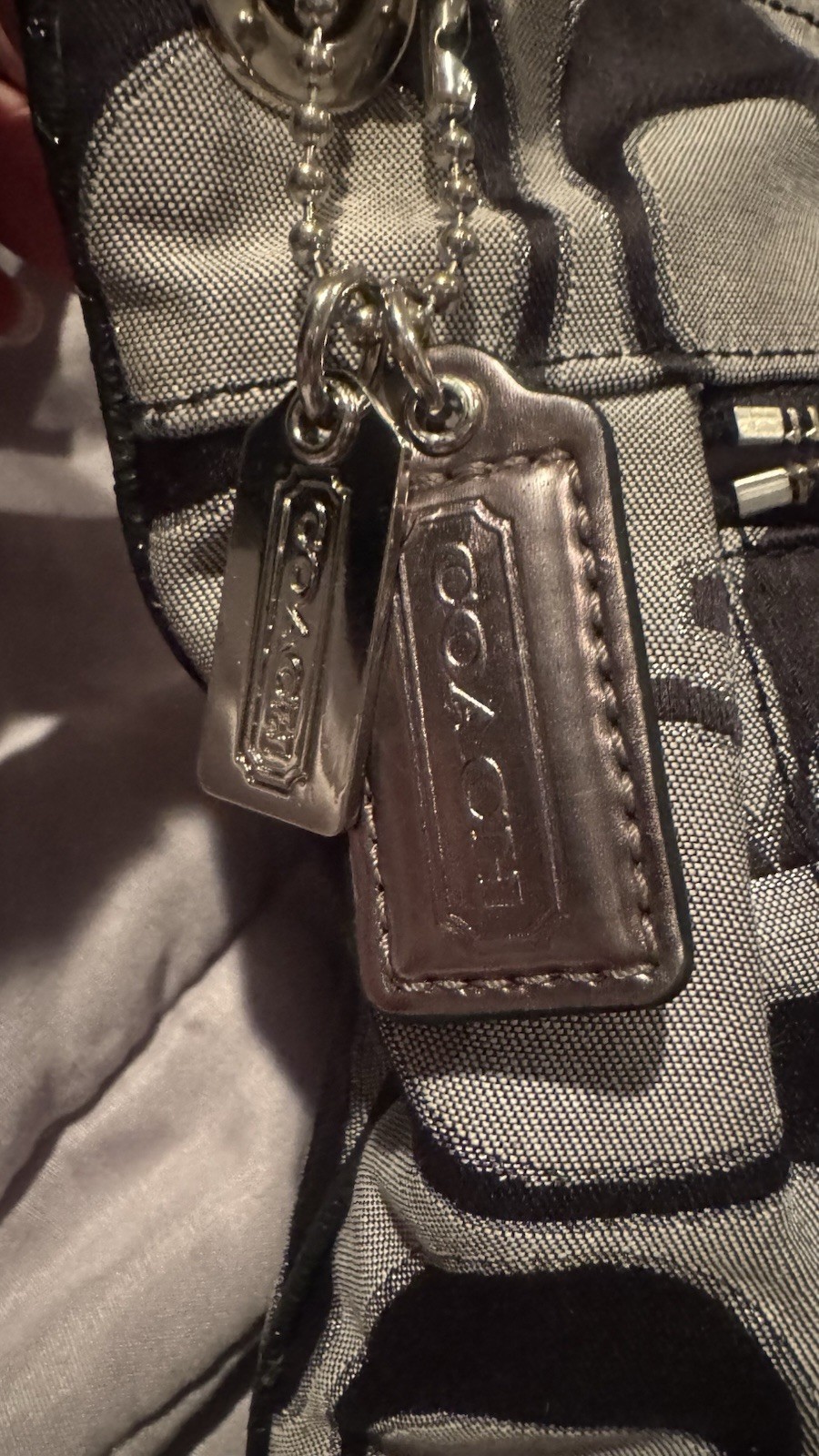 Coach Signature Logo Gray/Black Crossbody Bag Silver Hardware Purple Lining