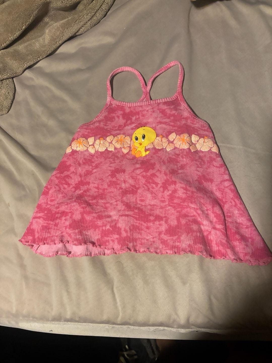 Vintage Baby Looney Tunes Tweety Bird Pink Tie Dye Ribbed Tank Top 12M