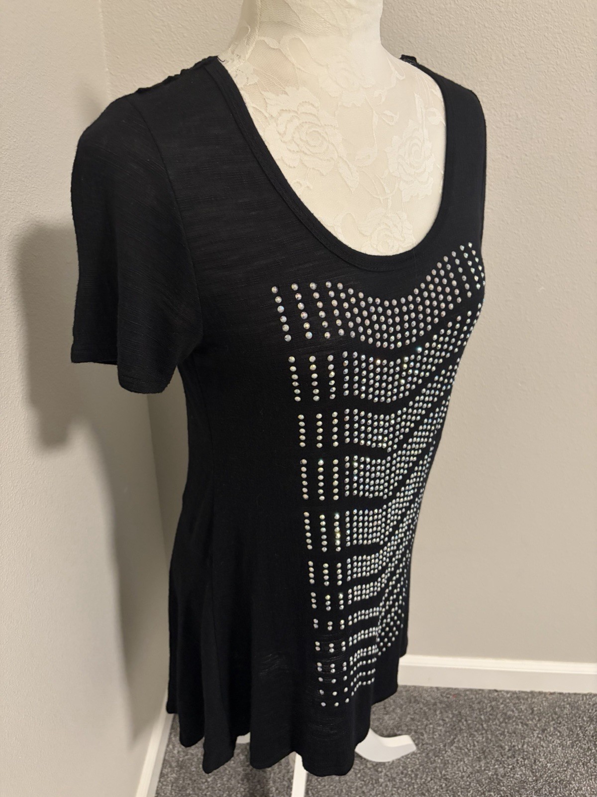Vocal Black Knit Crystal Studded Tunic Top~ M~Hi Low Lace Back Whimsigoth Rocker