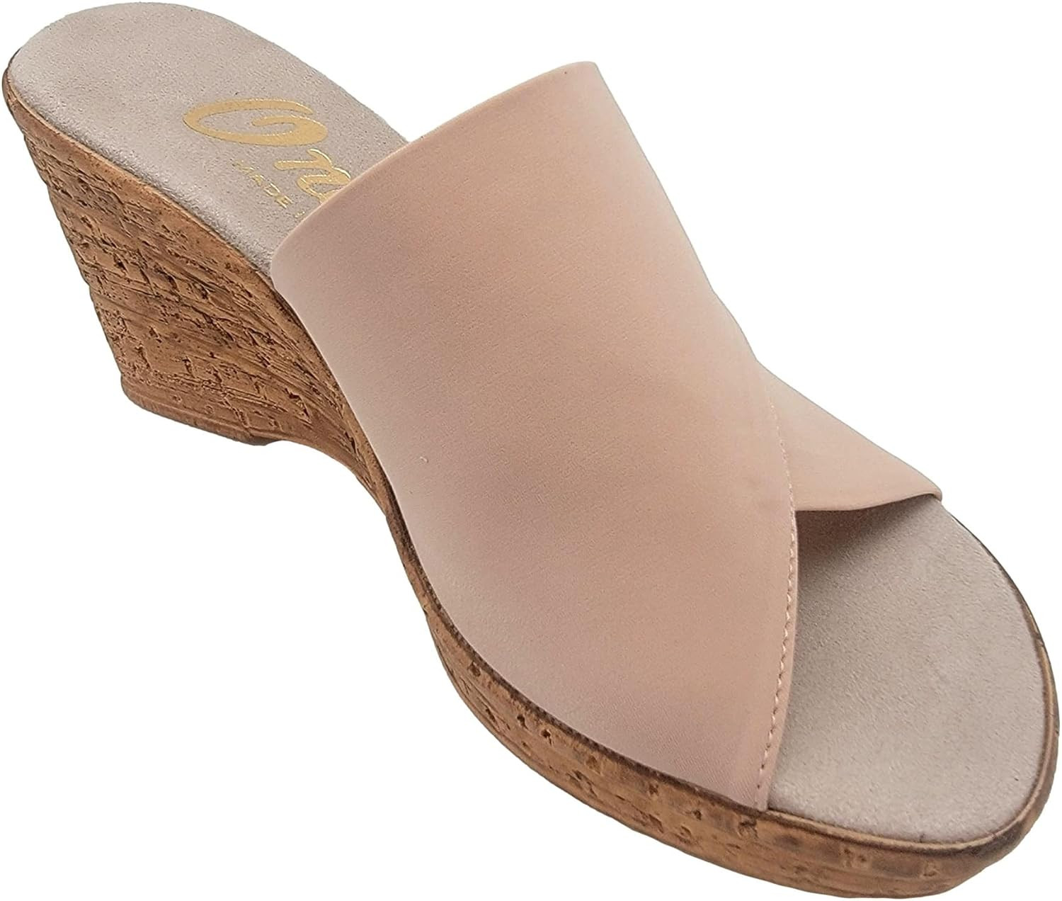 Women’s Onex Leather Wedge Slide Sandals Champagne Nude Beige Made in Italy