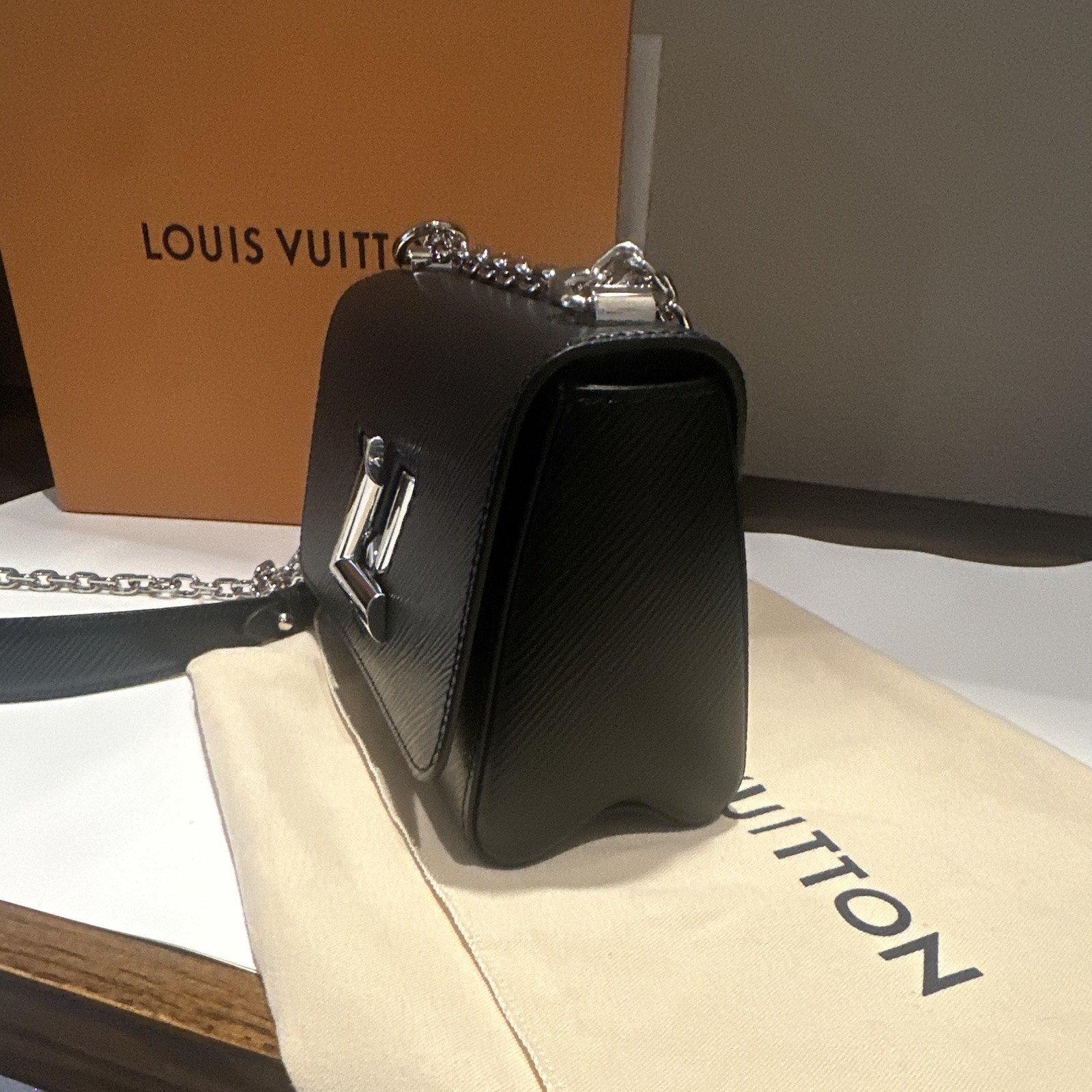 Louis Vuitton Black LV Logo Crossbody Bag Chain Strap Dust Bag Box