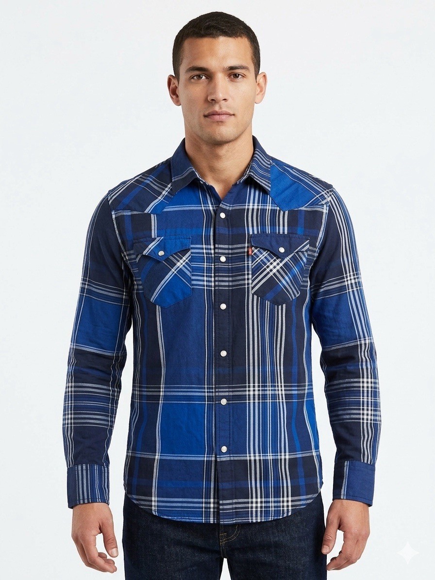 Levi’s Blue Plaid Western Snap Button Shirt Men’s Medium