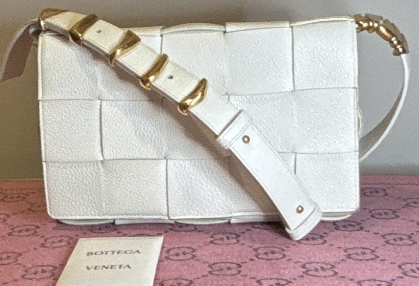 Bottega Veneta Cassette Intrecciato White Leather Golden hardware