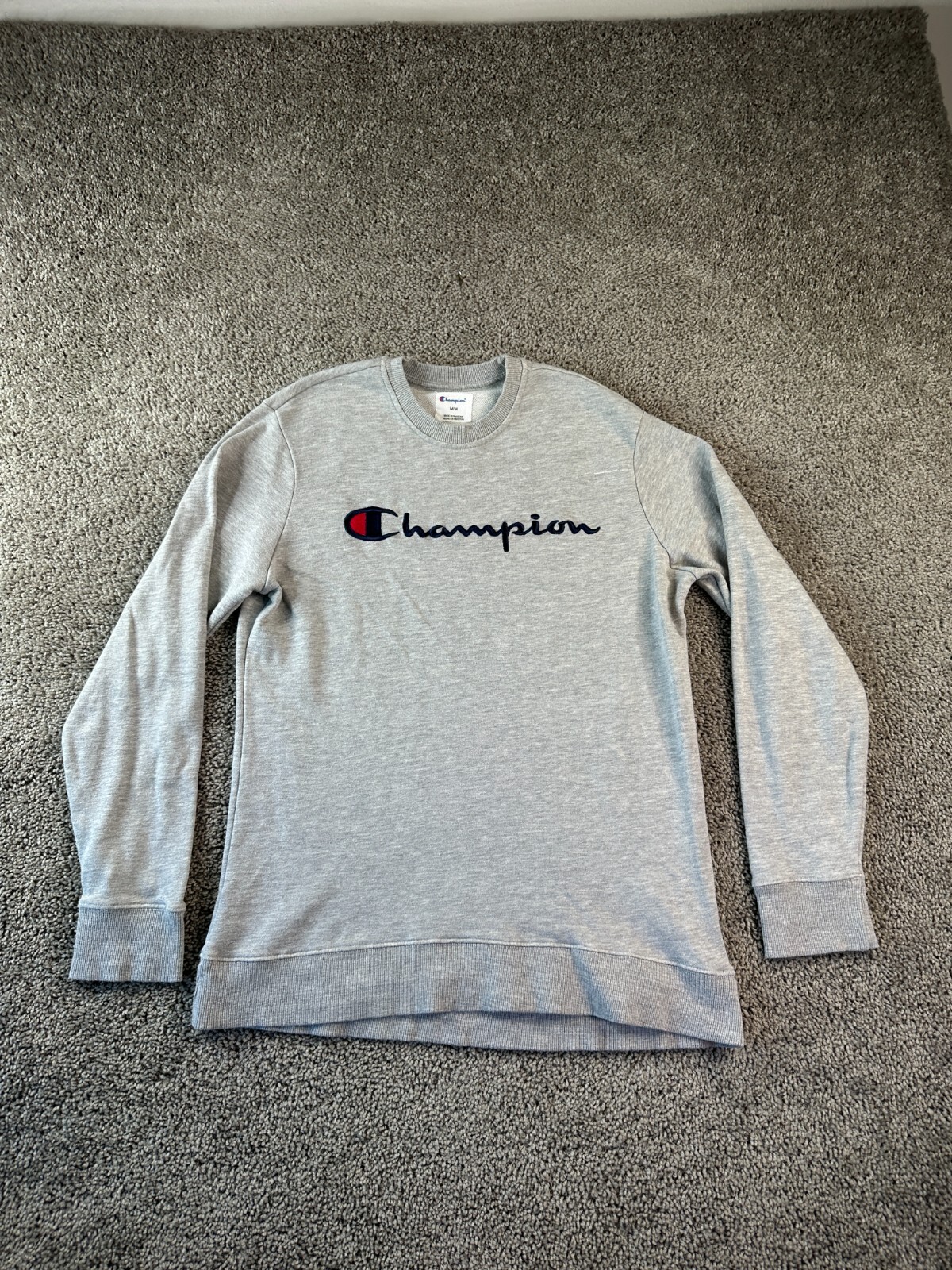 Champion Sweatshirt Mens Medium Oxford Gray Black Signature Logo Pullover *