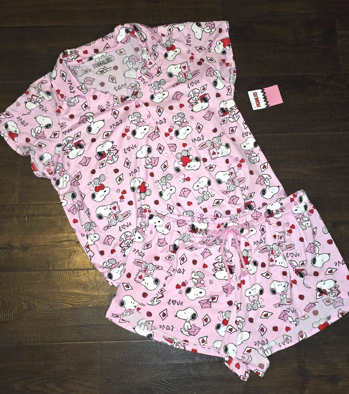 Peanuts Woodstock & Hearts PJ Set Shorts Valentines Day Women’s Sz M L XL 2X