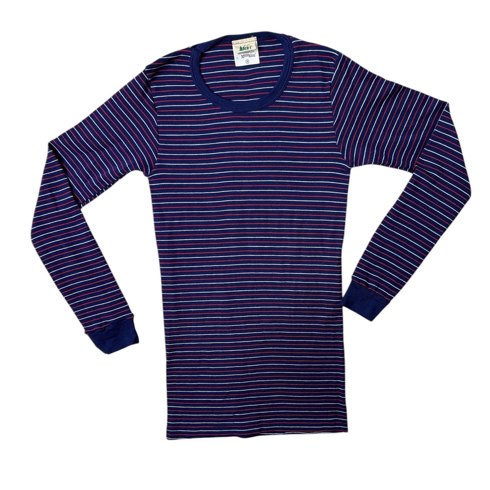 REI Vintage Meraklon Polypropylene Base Layer Top S Navy Red Striped Gorpcore