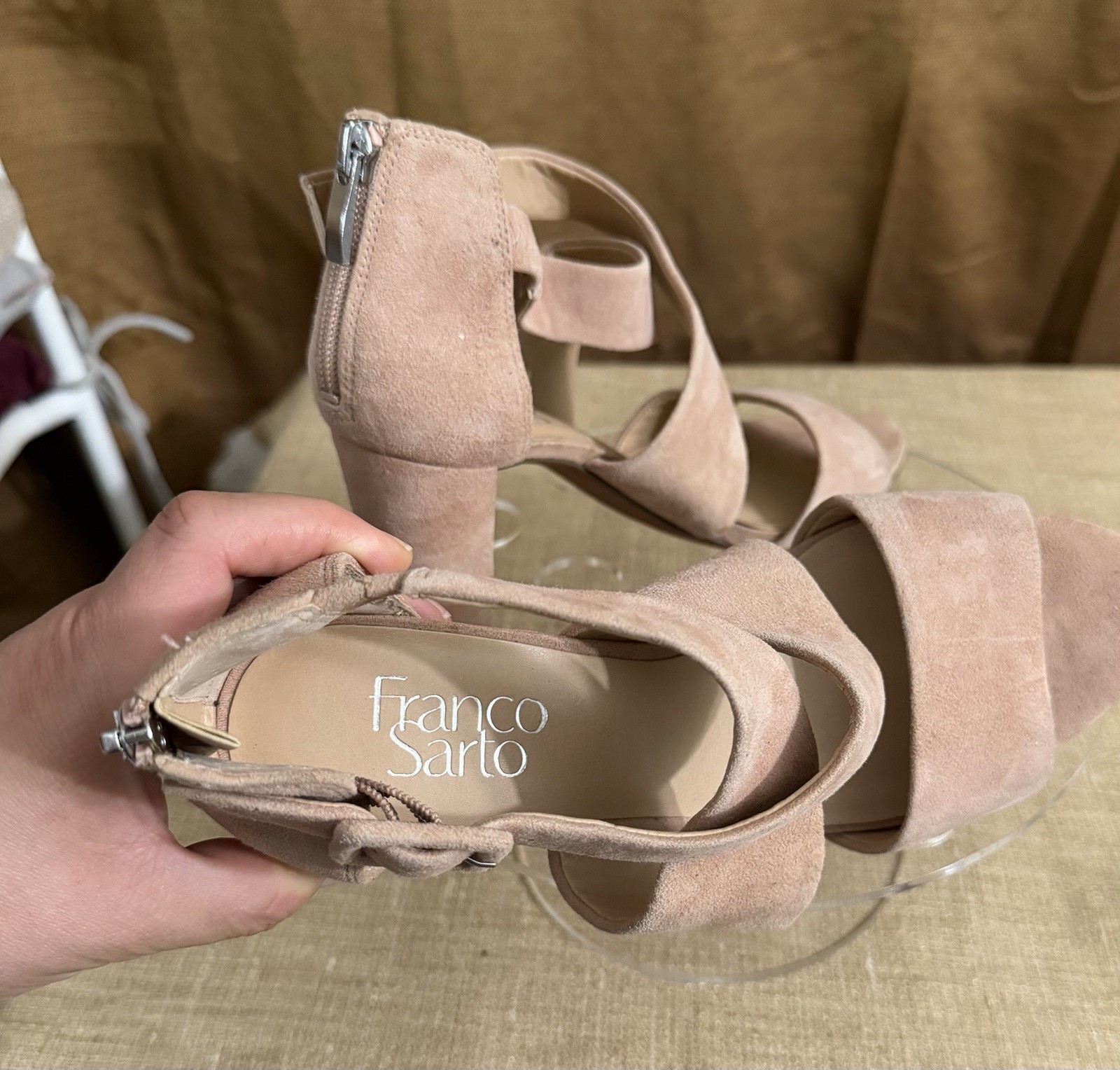 Franco Sarto Beige Leather Strappy Block Heel Sandals Women’s 7.5M Ankle Strap